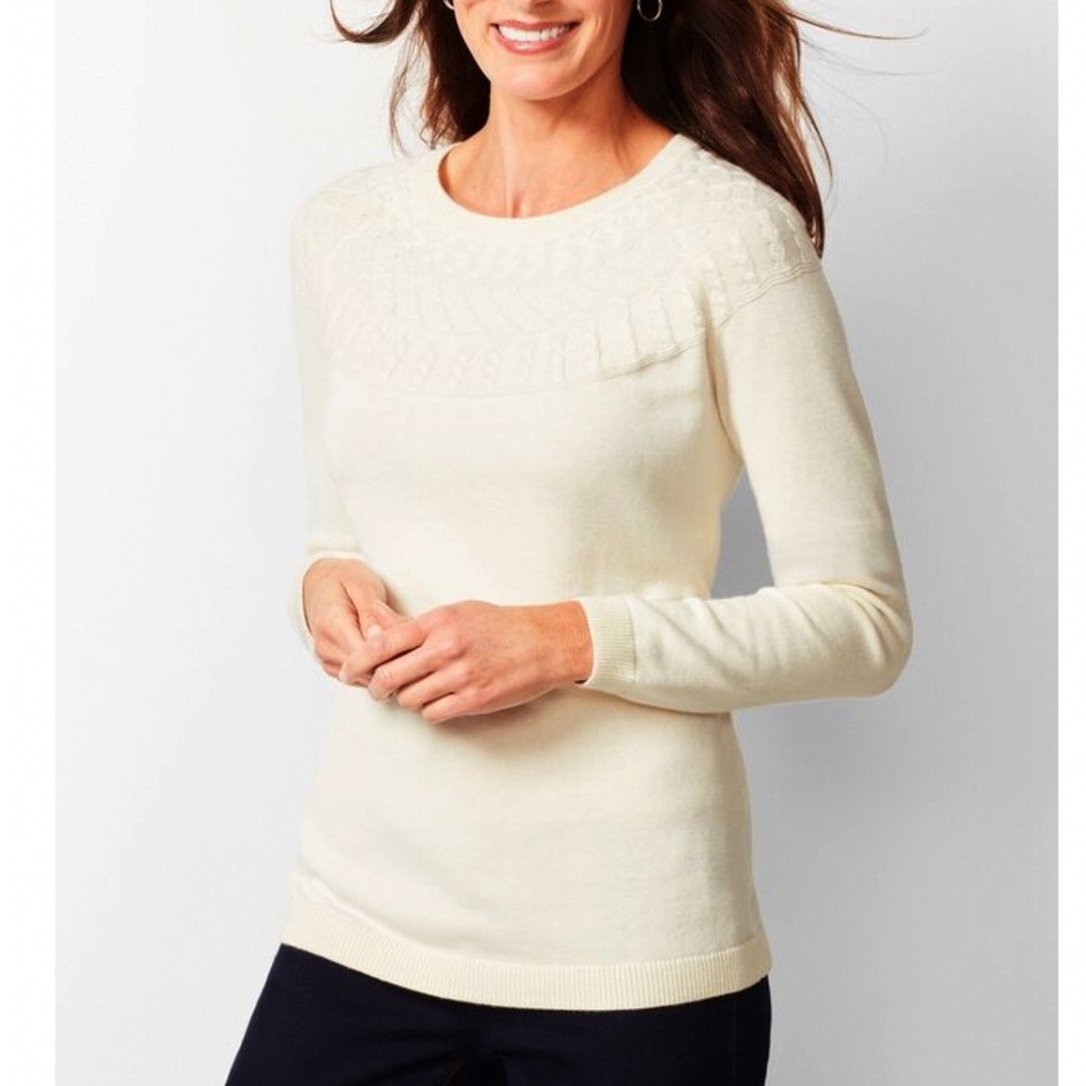 Talbots Ivory White Cable Knit Yoke Cashmere Blend Sweater Medium Preppy Winter